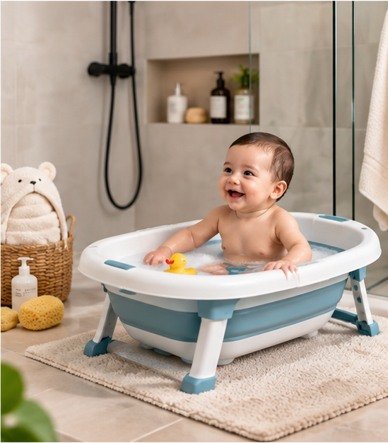 Bébé souriant assis dans une baignoire bébé pliable sur pieds, installée devant une douche