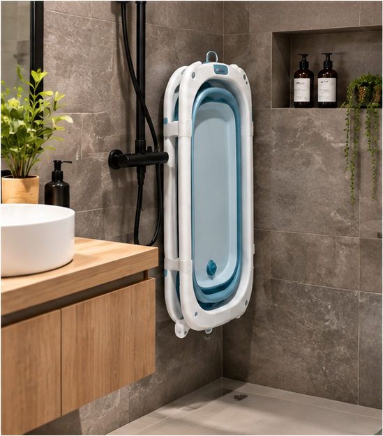 Baignoire bébé pliable repliée et accrochée au mur d'une douche italienne Image