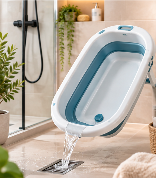 Baignoire bébé pliable vidée par sa bonde, l'eau s'écoulant vers le siphon de sol de la douche