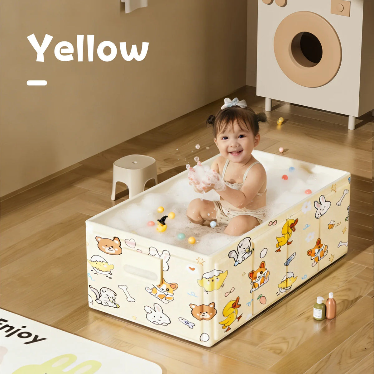 Baignoire bébé pliable gonflable à motifs, coloris jaune
