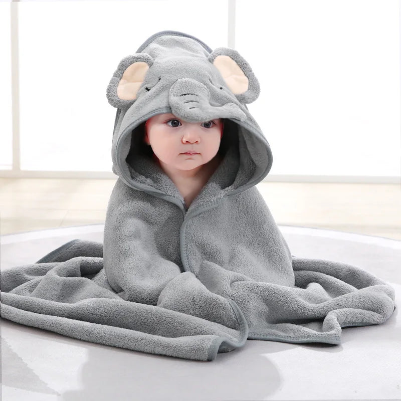 Serviette de bain bébé à capuche, modèle éléphant gris
