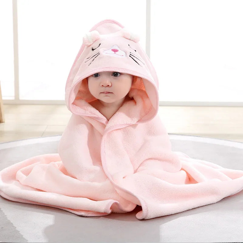 Serviette de bain bébé à capuche, modèle chat rose