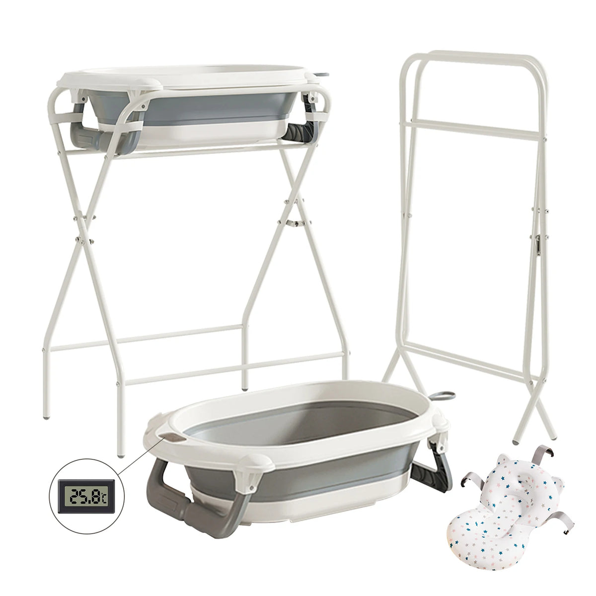Baignoire bébé pliable 3 en 1 sur pied, structure dépliée