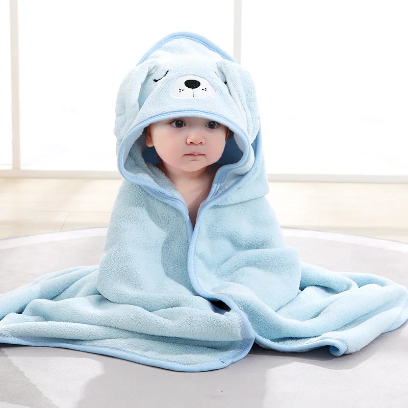 Serviette de bain bébé à capuche, modèle chien bleu