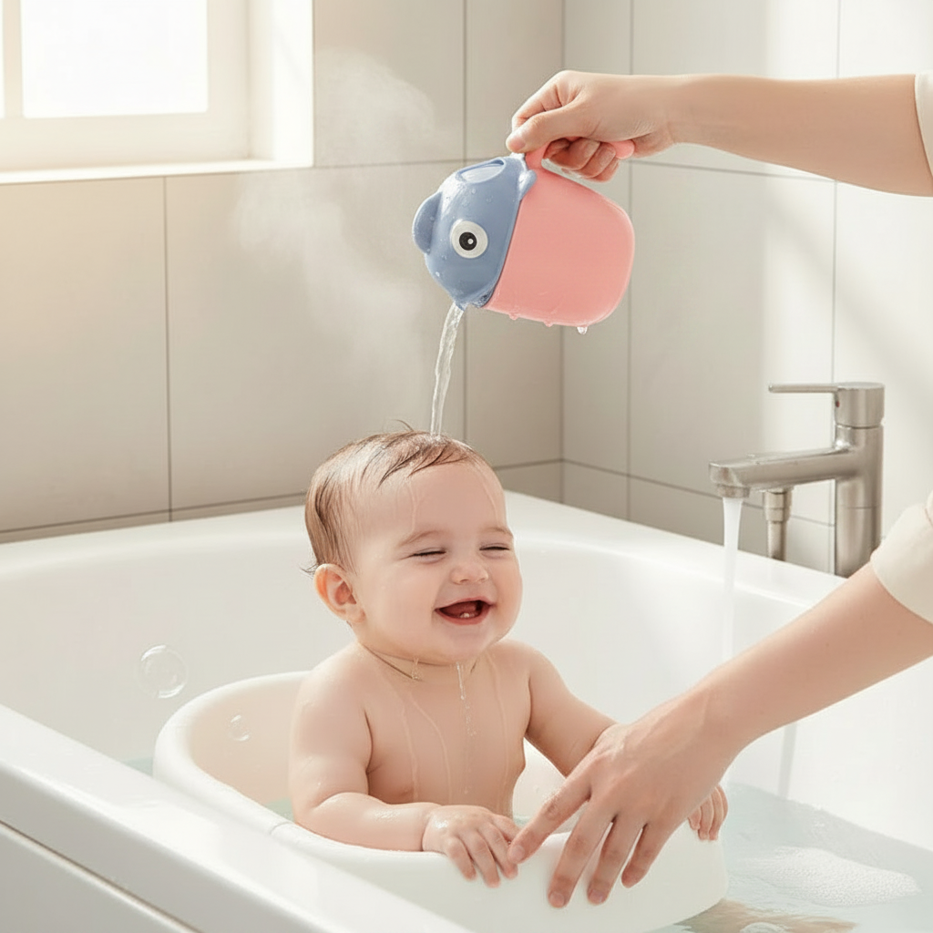 Bébé rincé avec gobelet rose baleine
